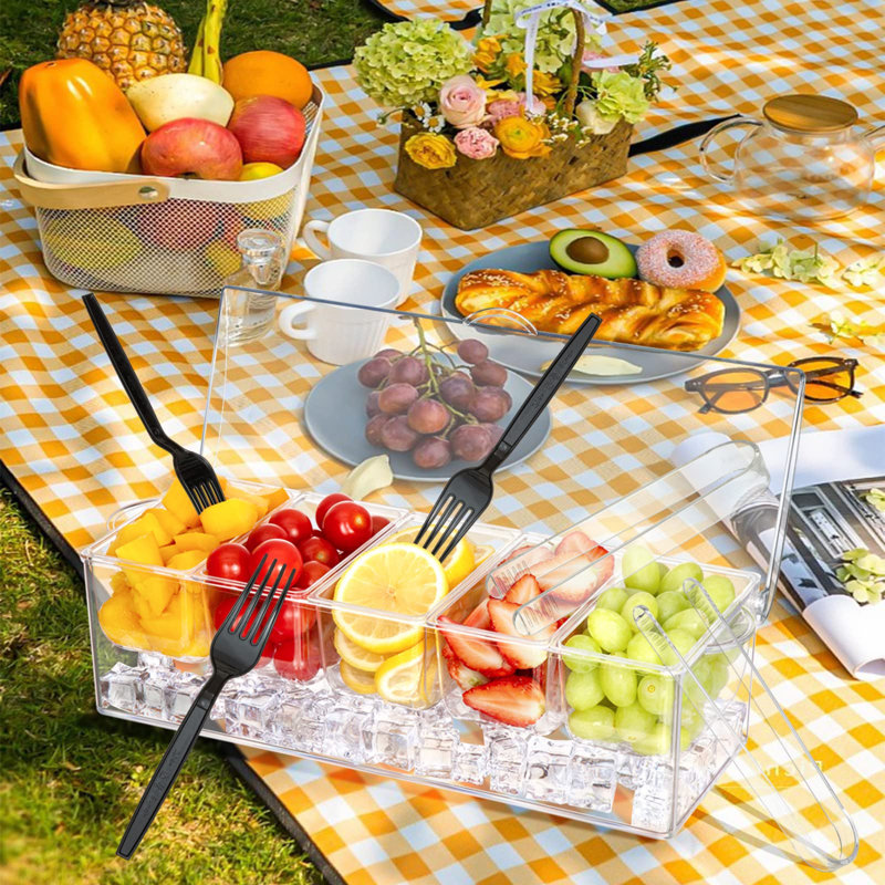 Chilled Condiment Server Clear ICY Condiment Tray Ice Party Serving Bar With Lid Garnish Holder On Ice 5 Removable Compartments