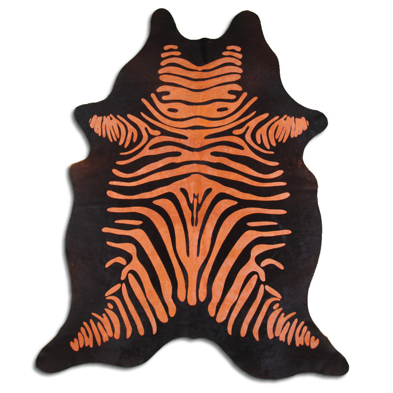 Tapis en peau de vache orange sur fond noir, Nouveauté 6 pi 2 po x 7 pi 4 po