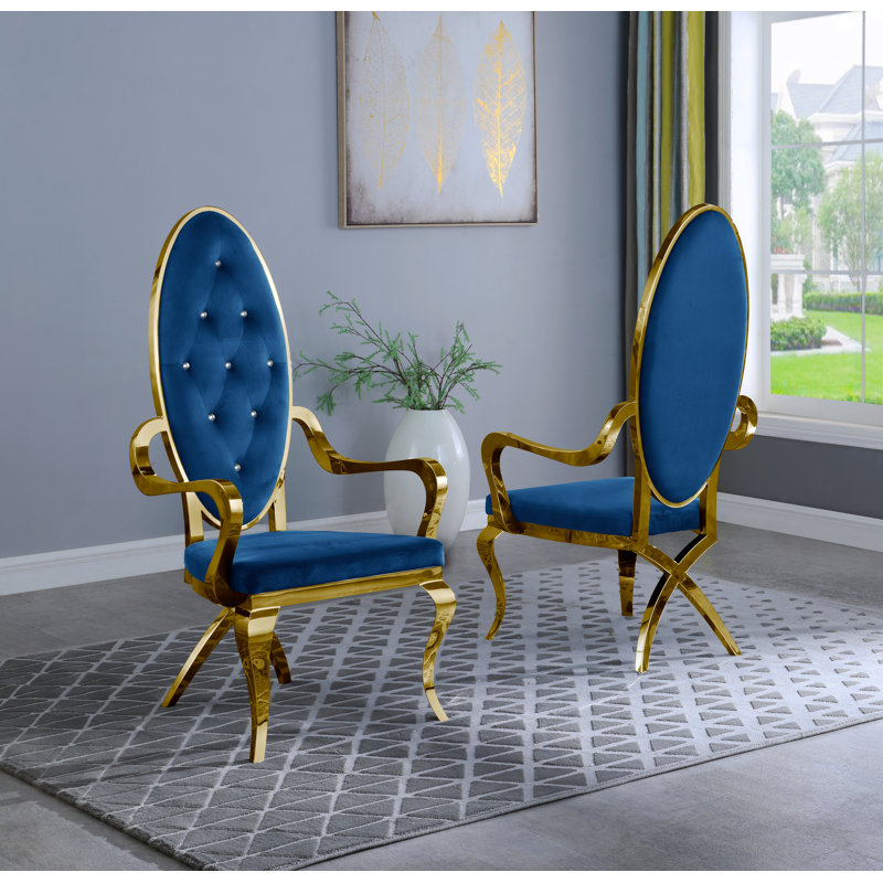 Tufted Velvet Upholstered Armchair, Gold, Navy Blue Velvet