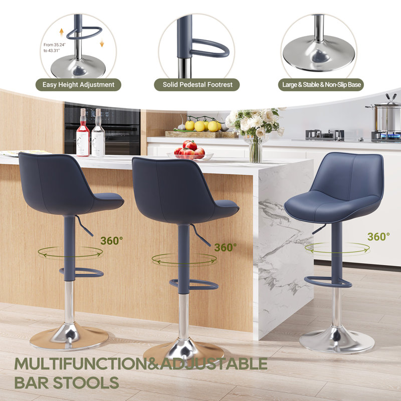Modern Upholstered Swivel 26-34’’ H Barstools, Faux Leather Bar Stools with Metal Frame, Adjustable Height Counter Stools with Footrest
