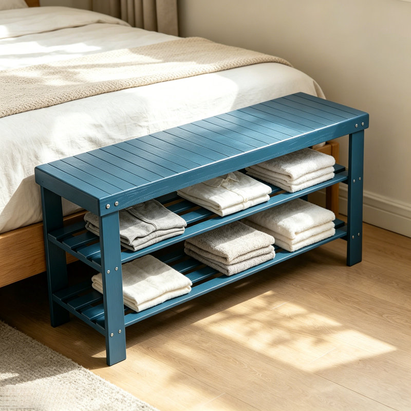 Banc autoportant en bois bleu marine avec 3 tablettes de rangement et porte-chaussures pour porte d'entrée
