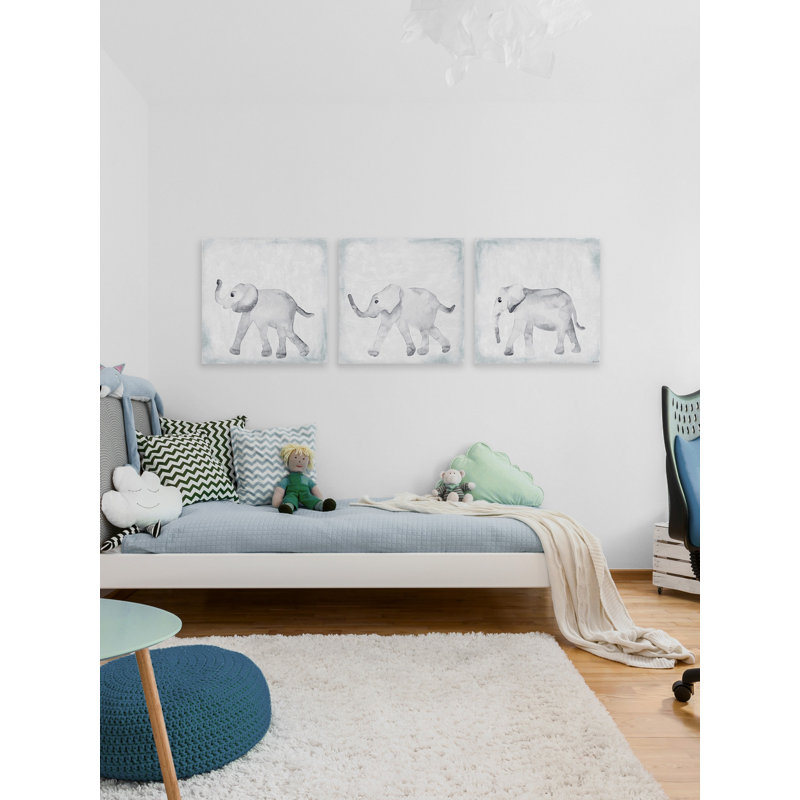 Baby Elephant Steps Triptych - 3 Piece No Frame Painting Set on Canvas, 41cm H x 123cm W x 2cm D