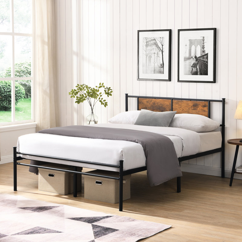 Structure de très grand lit avec tête de lit décorée à panneau de bois noir, structure durable, fonctionnement silencieux, grand espace de rangement, assemblage facile, compatible avec tous les types de matelas avec tête de lit