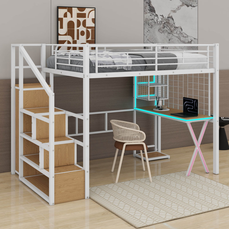 Lit mezzanine double en métal avec poste de travail intégré, garde-robe, escalier de rangement et DEL, Lit double