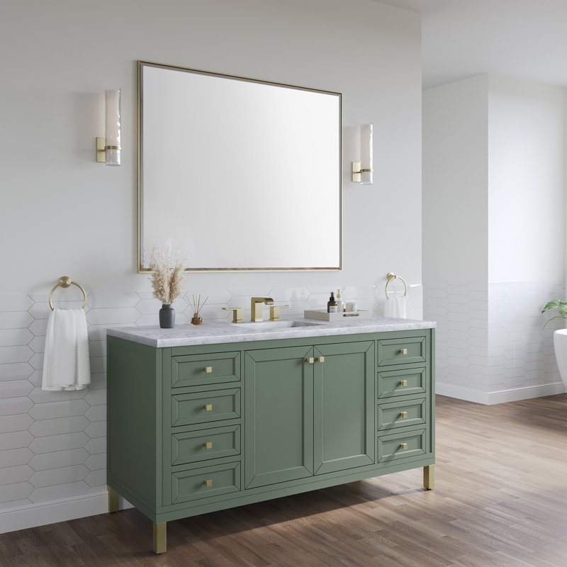 Chicago 60'' W Double Vanity, Smokey Celadon, Carrara White, 8" Widespread