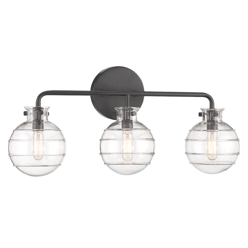 Matte Black 3-Light Vanity Light with Clear Swirl Glass Shades
