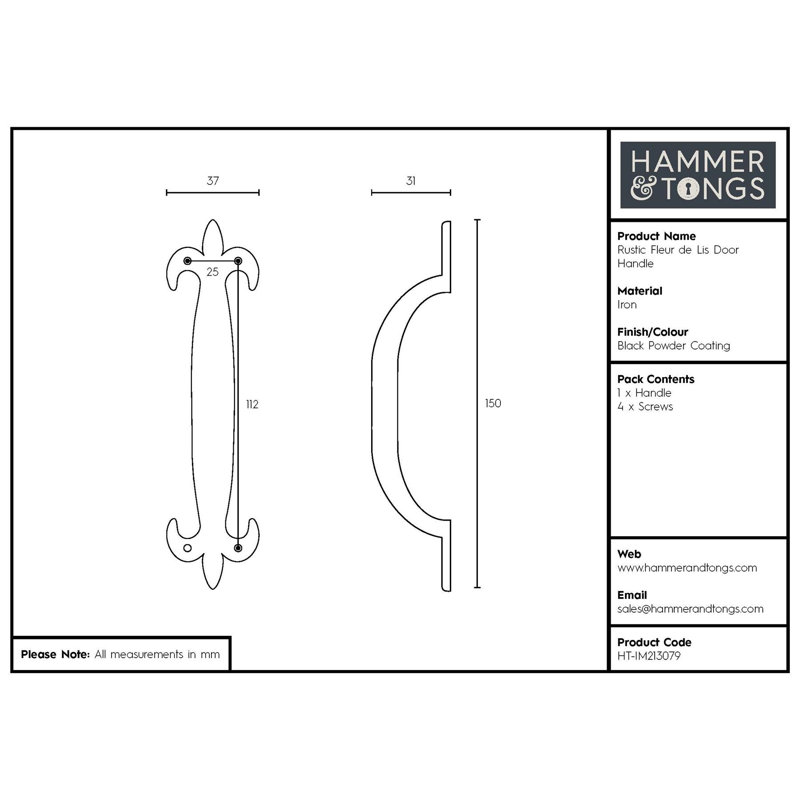 Hammer & Tongs - Rustic Fleur De Lis Door Handle - H150mm - Black