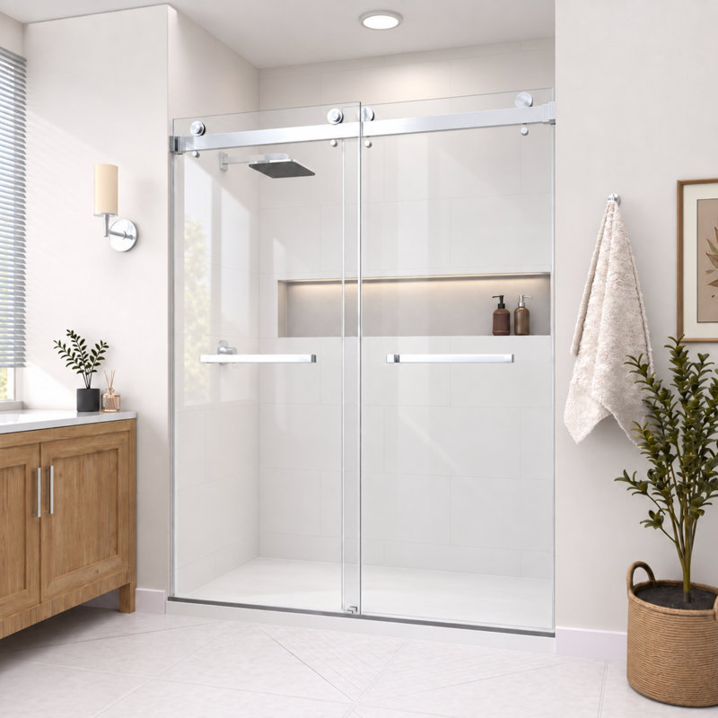 Porte de douche coulissante double sans cadre en chrome avec verre transparent 3/8 po Catalyst l 50 po x H 79 po