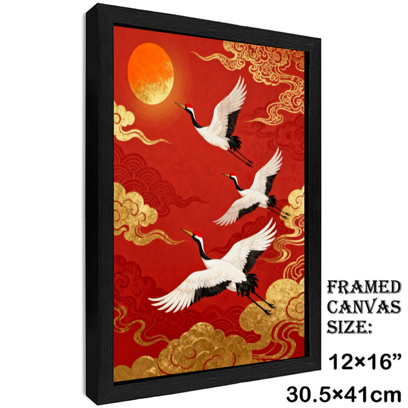 «Black Cranes Vintage Cranes» déploient leurs ailes et volent - longévité et bon augure, reproduction d'art encadrée de style rétro