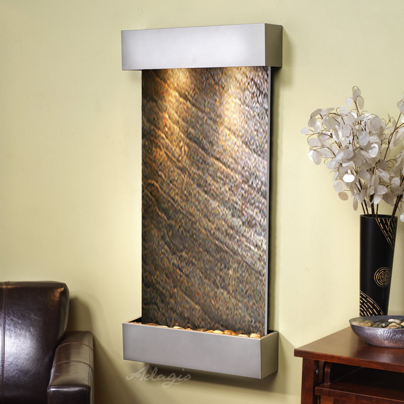 Wall Fountain with Light, Green Feather, Silver Metallic