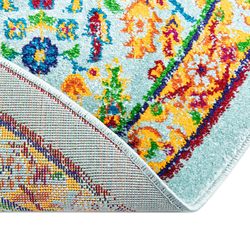 Round Floral Power Loomed Polypropylene Area Rug in Aqua/Blue/Orange, Round 5'3"
