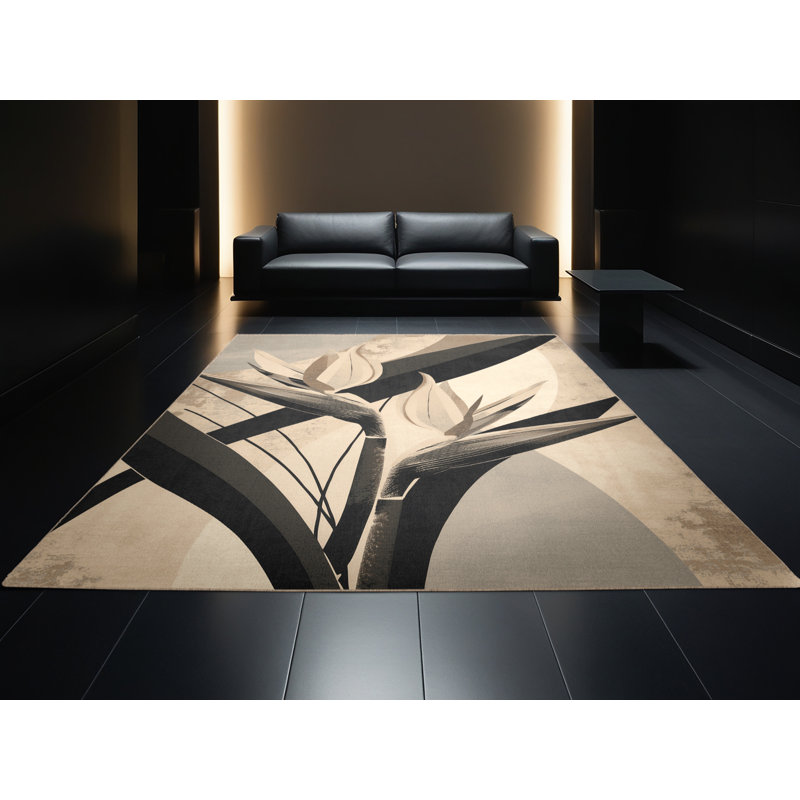Tapis abstrait moderne et contemporain lavable à la machine à motif d'oiseaux de paradis en beige - Reliure beige, 8 x 10
