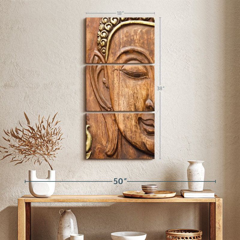 Bouddha en bois sculpté 3 pièces, H 38 po x l 18 po x P 1,25 po