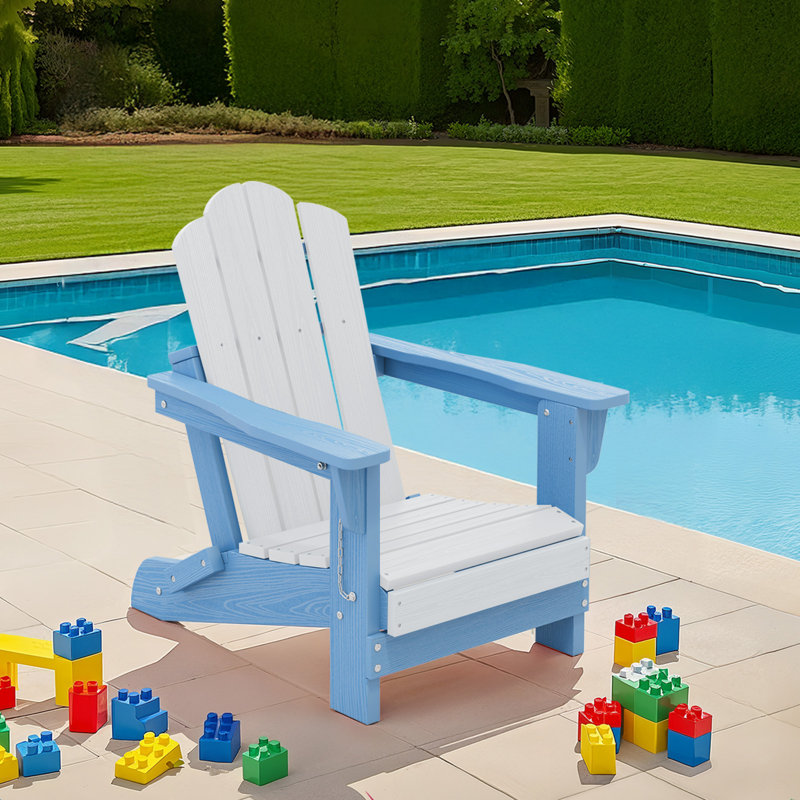 High Density Polyethylene Mini Foldable Adirondack Chair, White/Blue