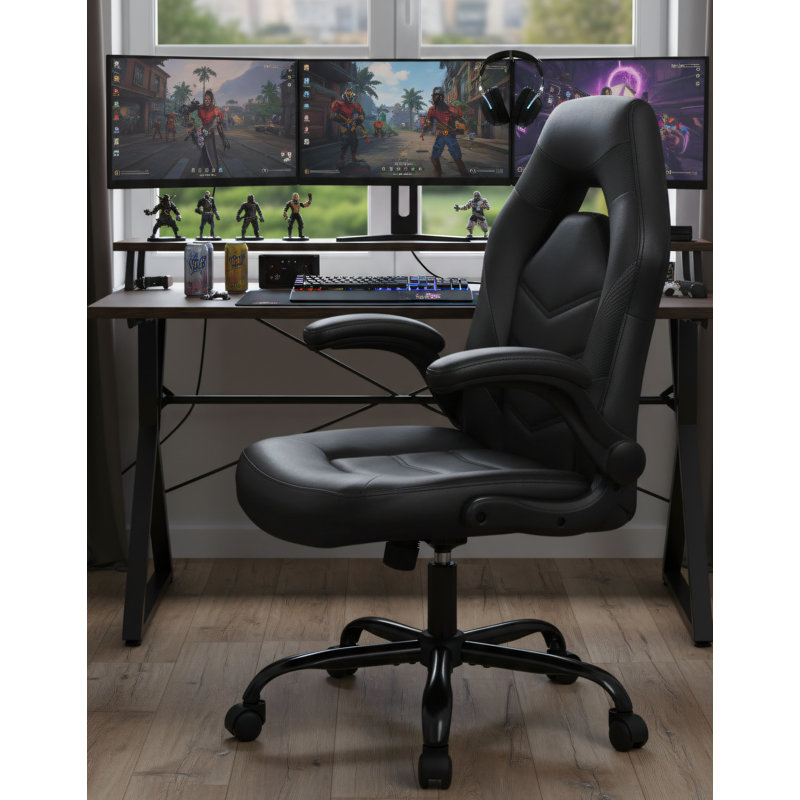 Black, PU Leather Gaming Chair, Ergonomic Office Computer Chair With Lumbar Support, Height Adjustable, Casters, And Flip-Up Armrests.
