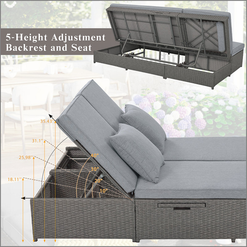 Lit de bronzage extérieur double, chaises de patio inclinables en rotin d'osier avec dossier et siège réglables, ensemble conversationnel pour 2 personnes, gris