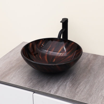 16-1/2 in. Round Tempered Glass Vessel Bathroom Sink in Brown Marble Pattern with Matte Black Pop-Up Drain
