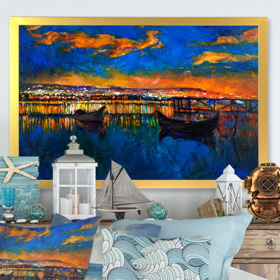Bateau sur un coucher de soleil coloré - reproduction d'art sur toile