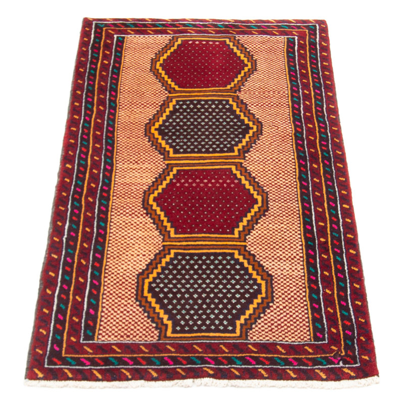 Tapis unique en laine noué à la main 3 pi x 5 pi 10 po nouvel âge Higginsville en rouge / or / brun foncé
