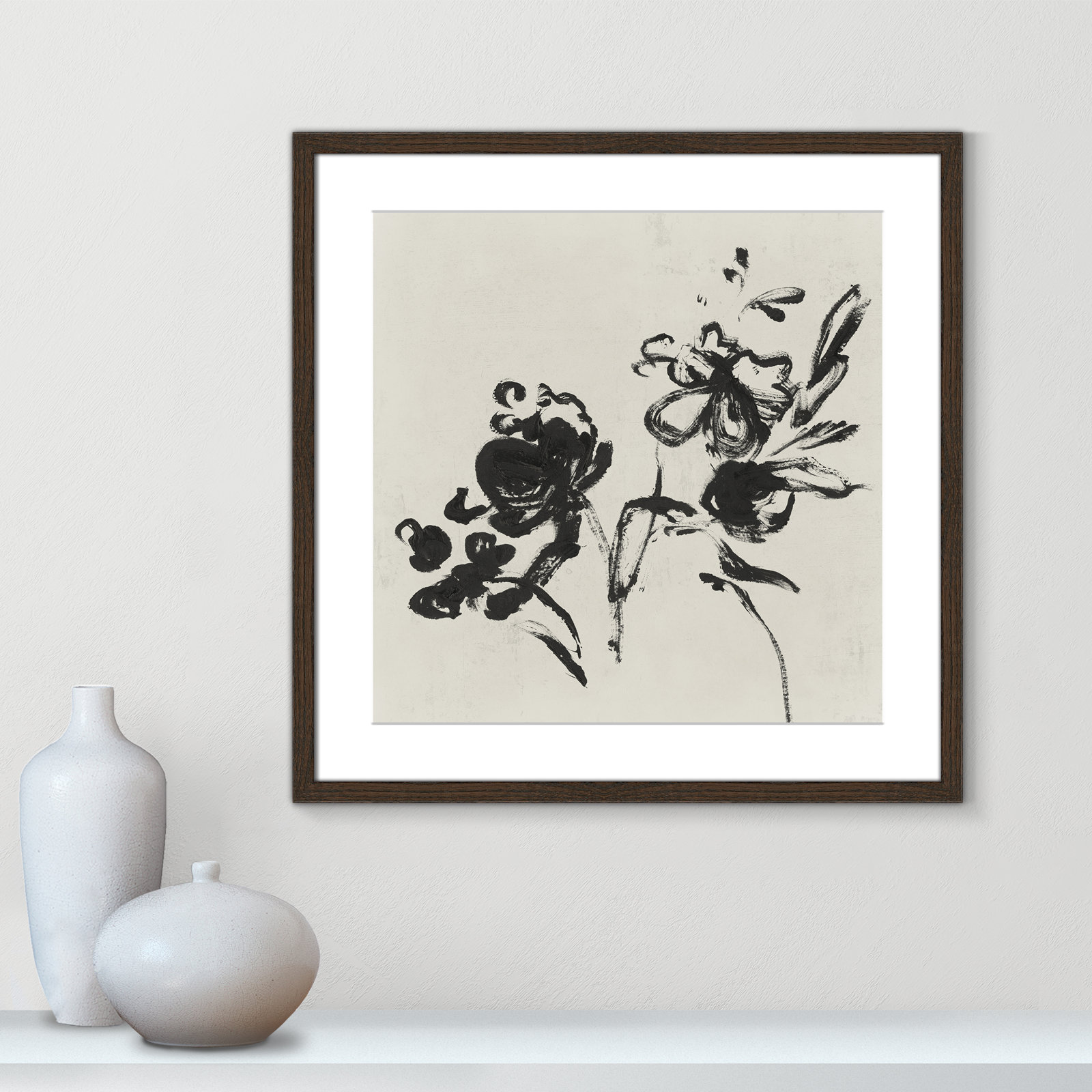 Frony "Black Florals I" Painting by Isabelle Z, 24.75" H x 24.75" W , Walnut Wood Grain