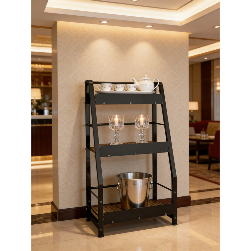 Présentoir à 3 niveaux pour bouteilles de boissons alcoolisées avec garde-corps, conception trapézoïdale étagée pour bar à domicile, organisateur de rangement polyvalent pour le whisky, le vin et les fournitures de cuisine