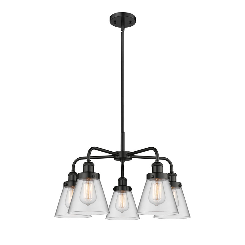 Cone 5 Light Stem Hung Chandelier, Clear, Matte Black