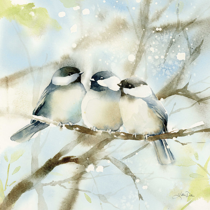«Three Chickadees In Spring» par Katrina Pete - reproduction d'art sur toile tendue, H 12 po x l 12 po, Non