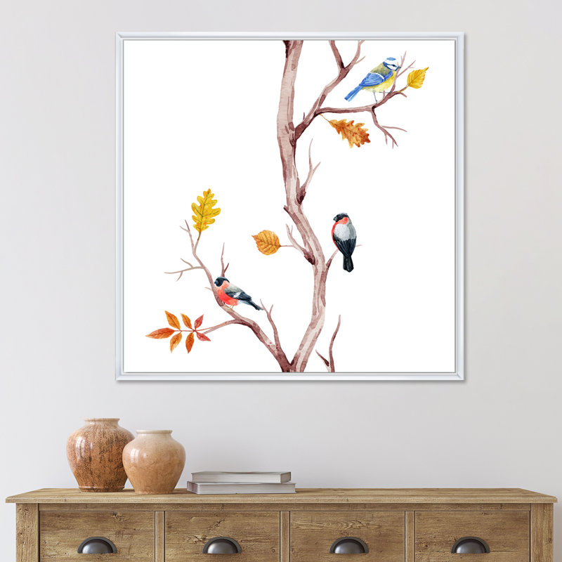 Petits oiseaux sur les branches d'un arbre IV - peinture sur toile, Cadre flottant blanc, H 36 po x l 36 po x 1,5 po