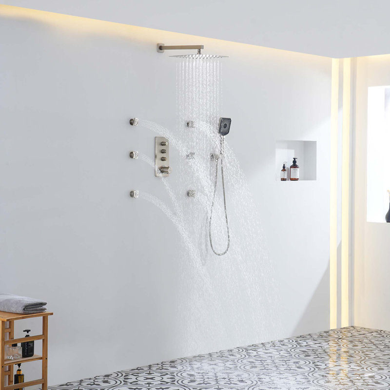 Système de douche thermostatique mural à 3 fonctions 12 po avec pomme de douche carrée, Nickel brossé