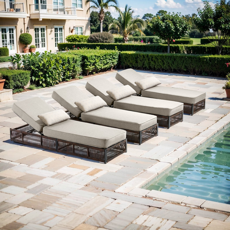 Mirari 4-Piece Outdoor Chaise Lounge Set, 4 All-Weather Wicker Recliners With 5" Thick Cushions, Beige, 4