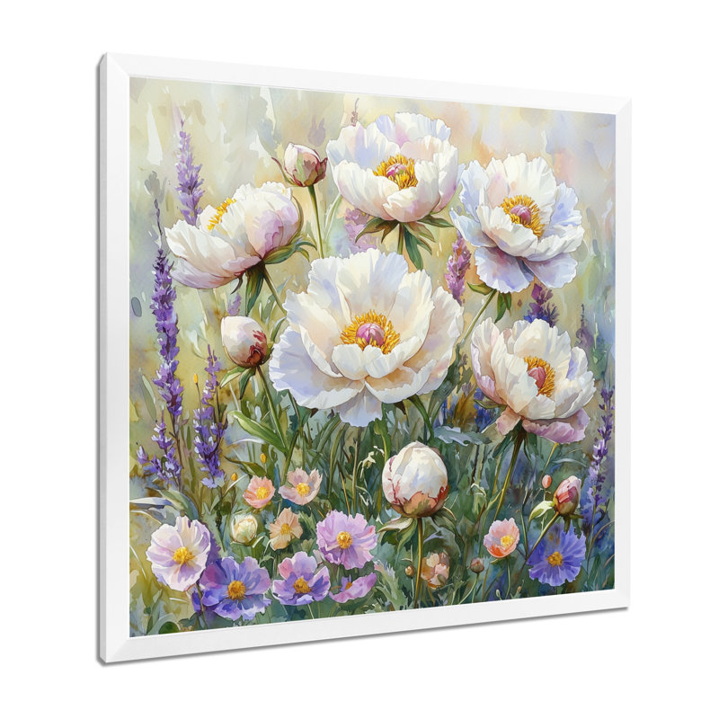 Pivoines dans le champ de fleurs sauvages II - pivoines, art mural, H 16 po x l 16 po, Avec cadre, Blanc