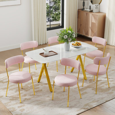 Modern 5/7-Piece Dining Set, X-Marble Pattern Tempered Glass Table & 4/6 Teddy Chairs Compact Space-Saving Design for Dining, Kitchen