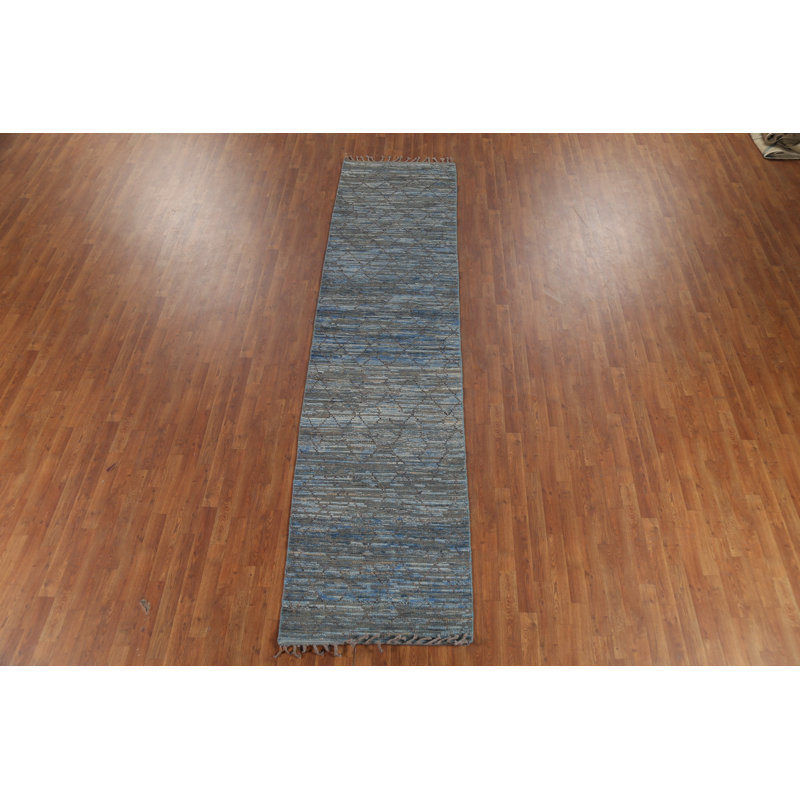 Tapis à rayures marocain rayé bleu et gris 3 x 12