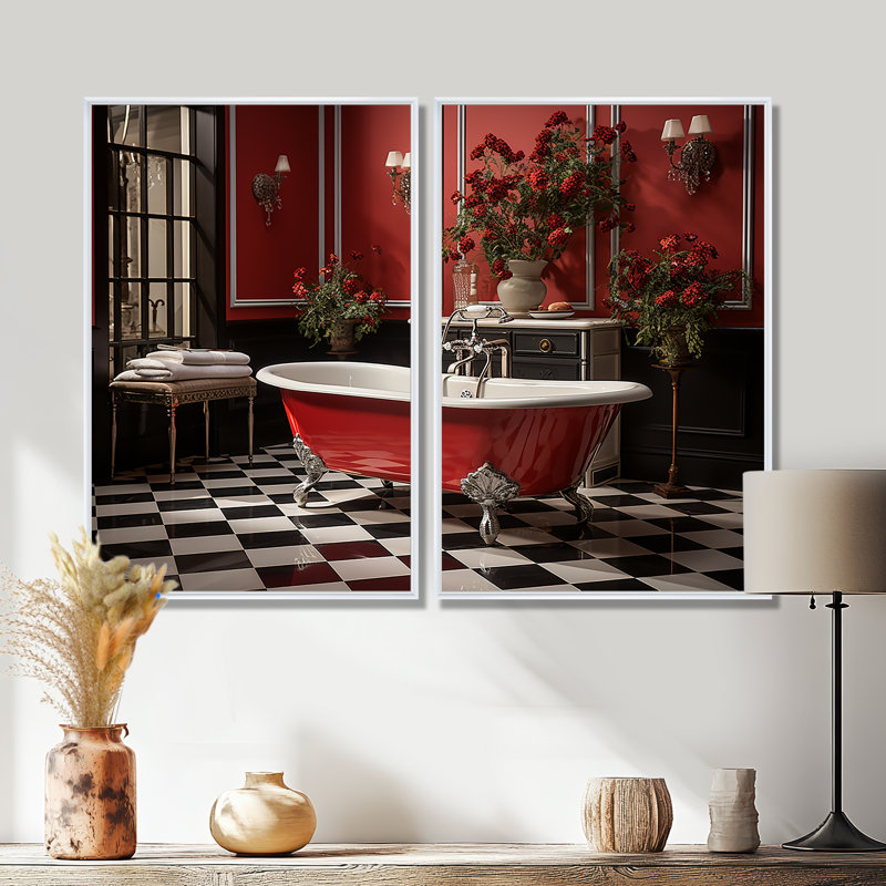 Rouge moderne, charme de salle de bain IV - Art mural traditionnel, 36" H x 48" W, Impression encadrée flottante, White