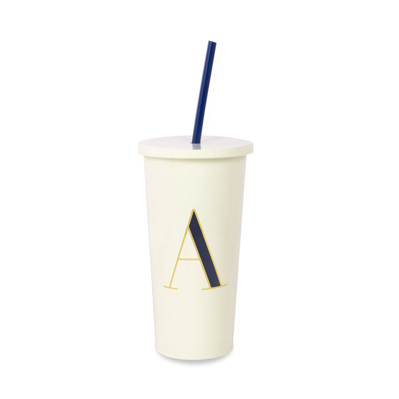 Initial Tumbler With Straw, Navy, A