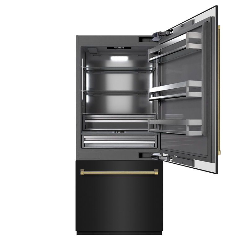 ZLINE Autograph 36 in. Black Steel Built-In Refrigerator w/ Gray Interior & Gold Helix Handles, Gold