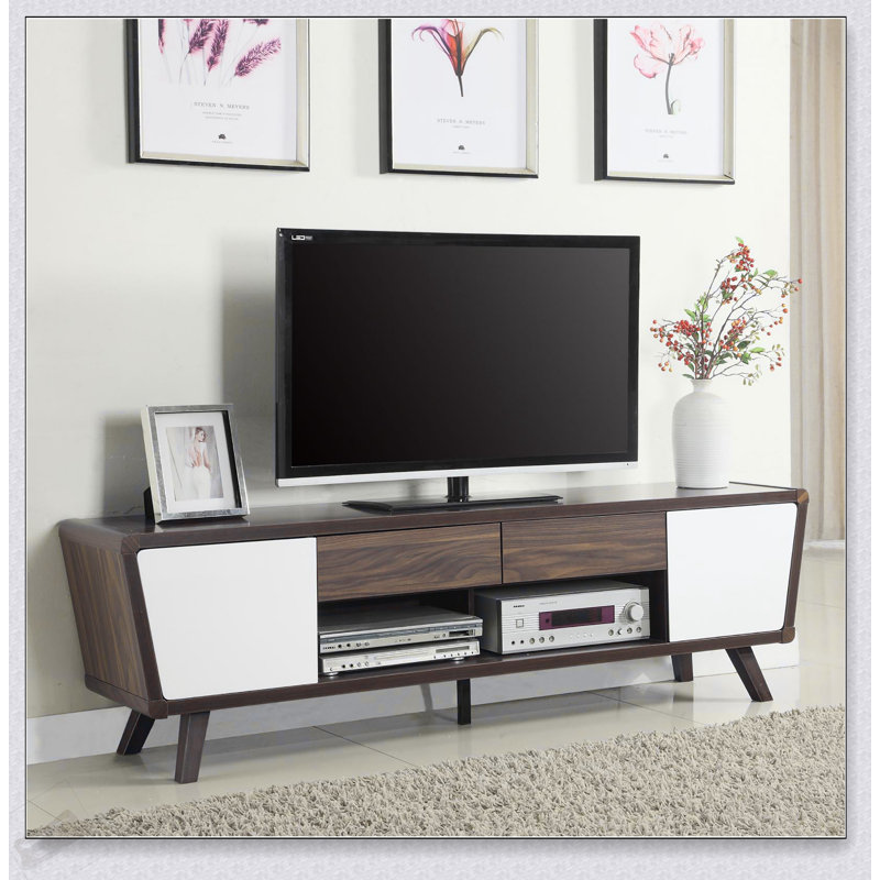 Console à 2 portes en noyer foncé et blanc brillant avec rangement spacieux, parfaite pour les salons modernes et organisés.