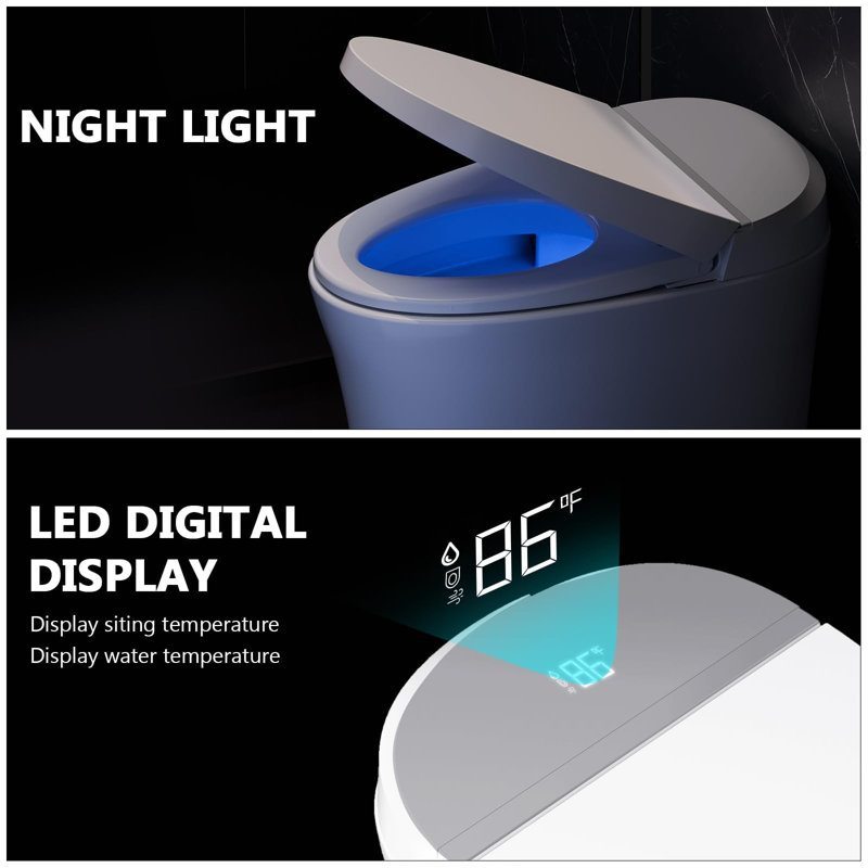 Smart Elongated Toilet with Auto Lid & Foot Sensor Flush, Heated Bidet Seat with Dryer, Touchless Smart Toilet with Remote & Night Light, White