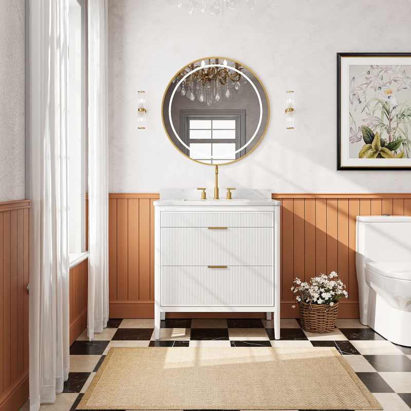 Meuble-lavabo autoportant blanc 36 po avec comptoir en marbre d'ingénierie, bois d'hévéa massif, tiroirs à fermeture en douceur, joints, finition imperméable, 35,1 po de profondeur, 22,01 po de largeur, 36,42 po de hauteur, 159 po