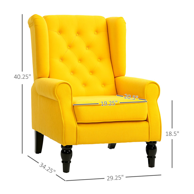 Mid-Century Modern Accent Chair,High Wingback Chair,Button-Tufted Upholstered Fabric Armchair,wood, Yellow Polyester