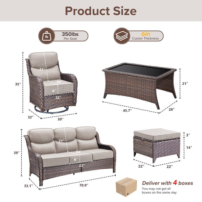 7 - Person Luxury Wicker Patio Furniture Set With Coffee Table & 6-Inch Extra-Thick Cushion Swivel Chairs, Beige, Brown