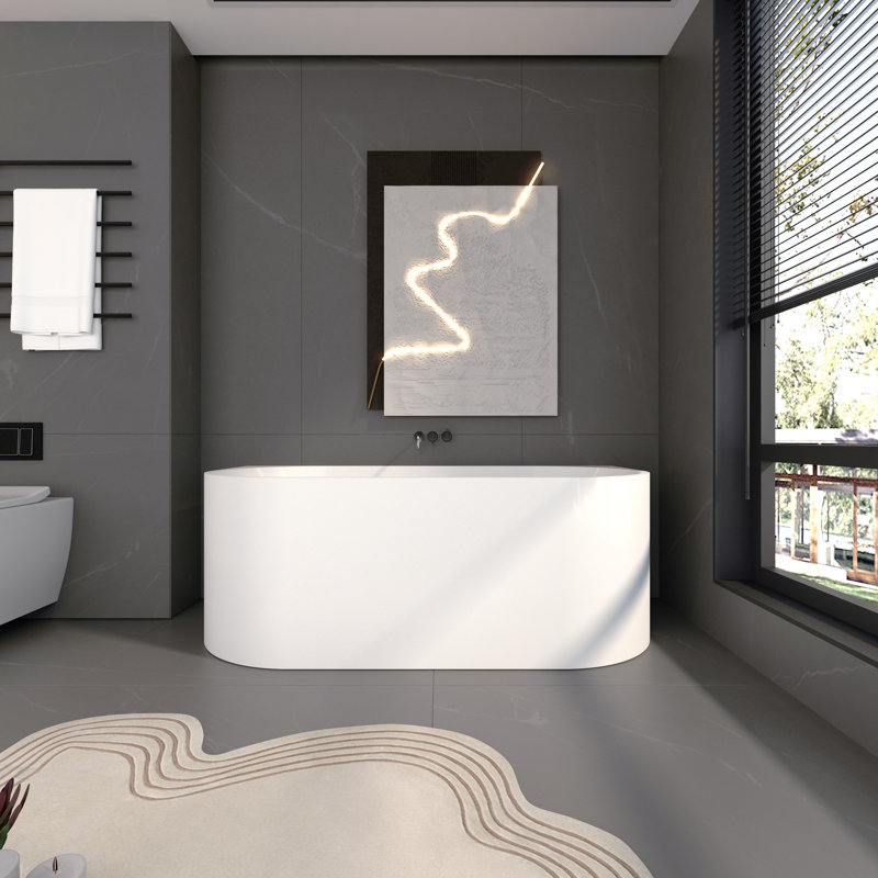 59” x 29.5” Freestanding Acrylic Soaking Bathtub, Stand Alone Back to Wall Bathroom Tub