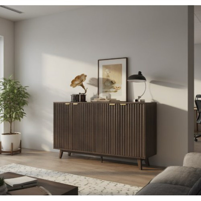 Coffee Bar Cabinet,Fluted Sideboard Buffet Cabinet,with Doors,Adjustable Shelves,Wood Legs, Dark Grey