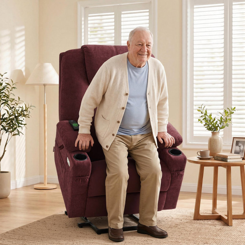 Fauteuil inclinable électrique de 25,2 po de largeur avec massage par vibrations et chaleur, tissu, Bourgogne