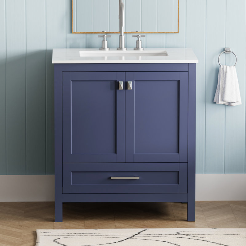 Meuble-lavabo autoportant de 30 po avec lavabo, comptoir en marbre d'ingénierie Carrara avec lavabo rectangulaire encastré en céramique, grande porte de rangement à fermeture en douceur, structure en bois massif