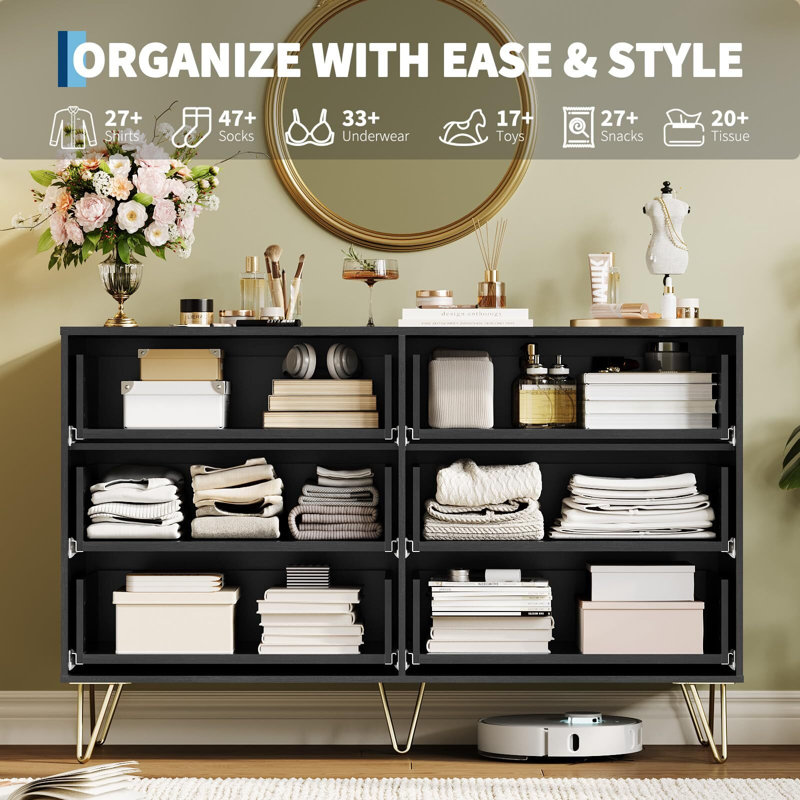 Modern Wood Dresser with 6 Fluted Drawers, Large Storage Chest for Bedroom or Living Room, Black