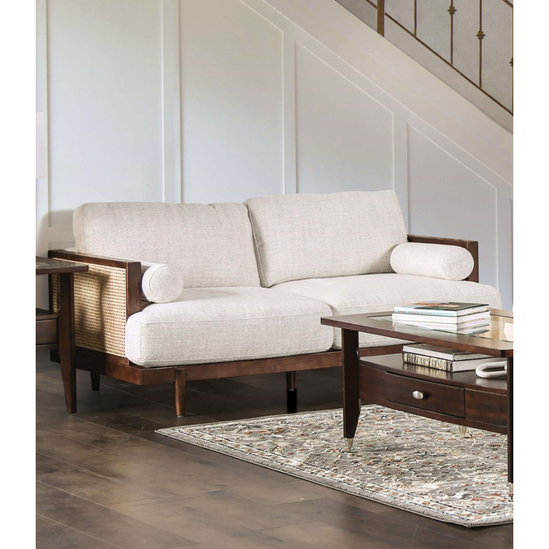 Causeuse l 65,4 po Mid-Century moderne, beige / noyer, Bois espresso