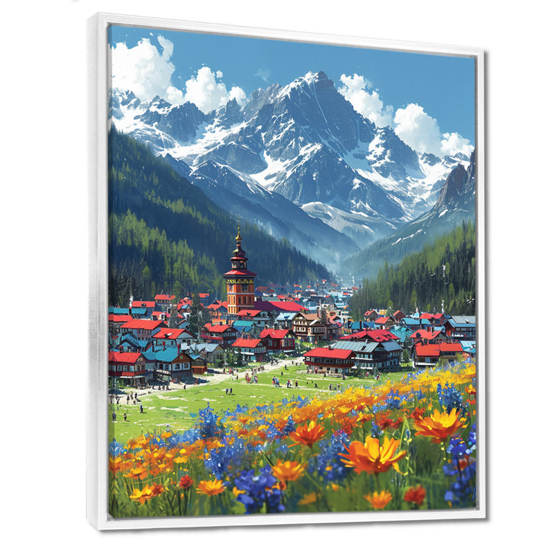 Impression sur toile murale, «Swiss Mountain Town Blossoming Spring Flowers» - campagne, Cadre flottant blanc, bois massif