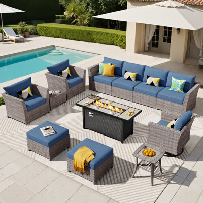 Ensemble de mobilier de patio pour 9 personnes avec assemblage à bascule pivotant, ensemble de conversation modulaire en rotin et osier avec coussins, ensemble de conversation avec canapé toutes saisons avec table de foyer 54 po