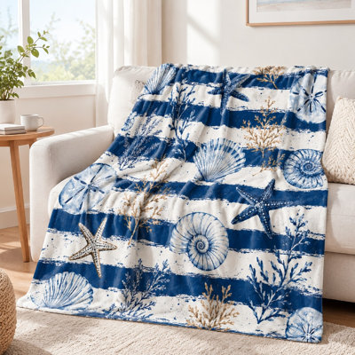 1Pcs Nautical Seashell and Starfish Print Fleece Blanket – Single-Sided;Cozy WarmMachine WashablePerfect for Beach Themed Living RoomIdeal Couch BedGreat Coastal Decor EnthusiastsA Unique Home Accessory. Bedding s